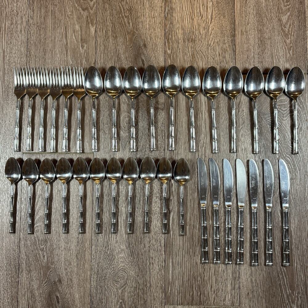 VTG Reed & Barton Rebacraft Stainless Steel Bamboo Handle Flatware 35 Pcs Japan
